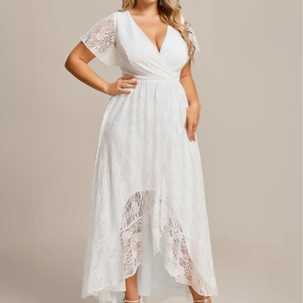 Ever-Pretty V-Neck Ruffles Sleeves High Low Lace Size 16 Wedding Dress - Picture 2 of 6